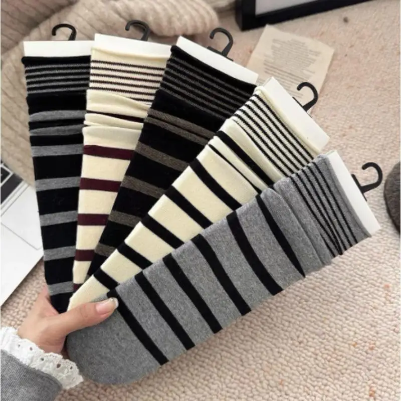 4Pairs Classic Striped Mid-calf Socks Women's Simple Versatile Socks Korean Style Versatile Sweat-absorbent Breathable JK Sock