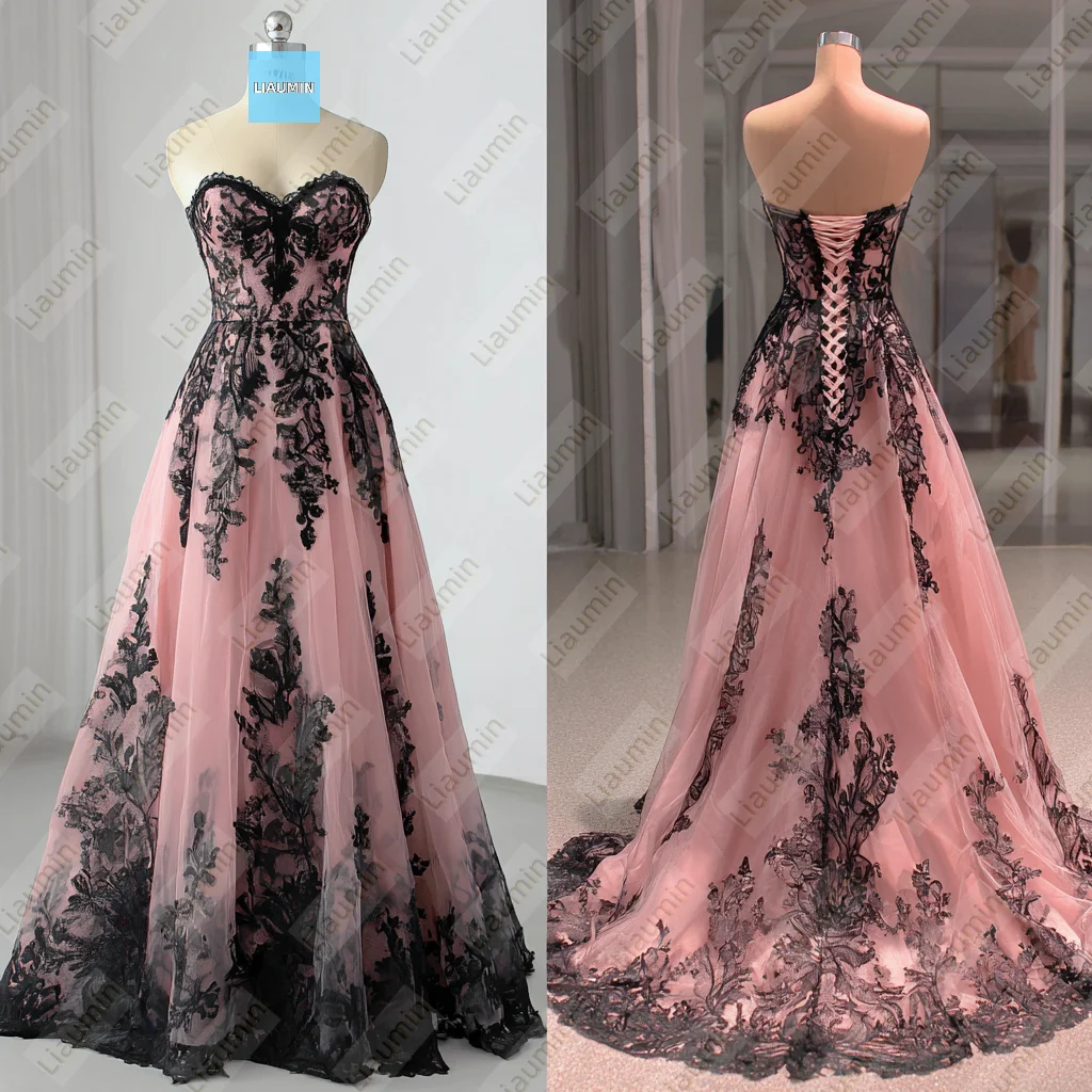 

Classic Pink Tulle and Black Lace Applique Strapless Long Length Evening Prom Wedding Formal Dress Lace-up Customized A7-1.59