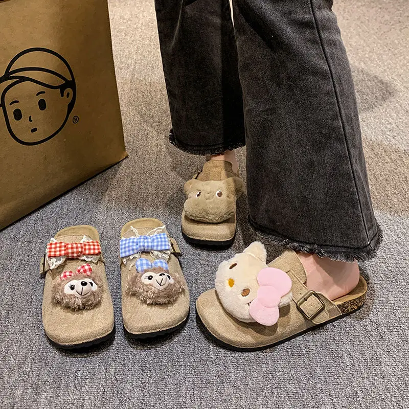 

New Miniso Hello Kitty Slippers Cute Anime 2024 Women's New Baotou Half Flat Shoes Sweet Cartoon Outdoor Non Slip Slippers