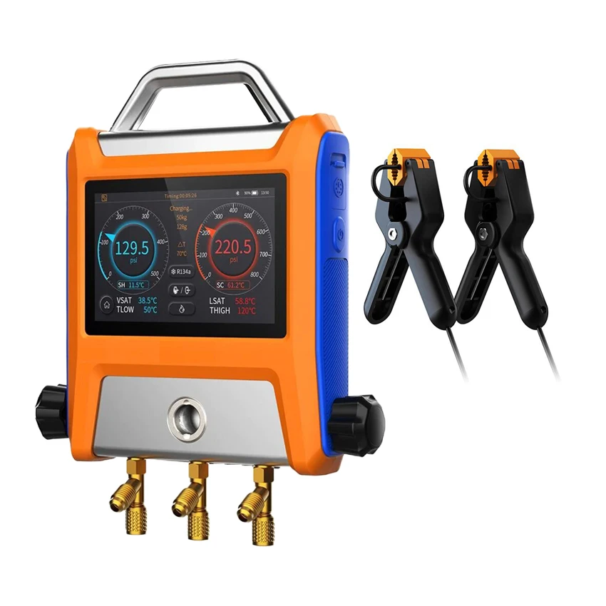 

Intelligent Digital Refrigerants Manifold Gauge 2 Valves APP Control Big Touch Screen With Temp Clamp and Charging Hose