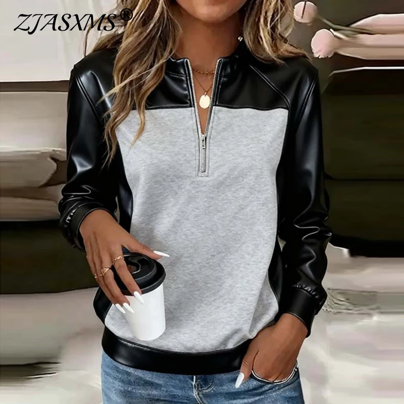 

2026 Spring Fashion Patchwork PU Leather Blouse Shirt Woman Elegant O Neck Zipper Top Pullover New Autumn Long Sleeve Sweatshirt