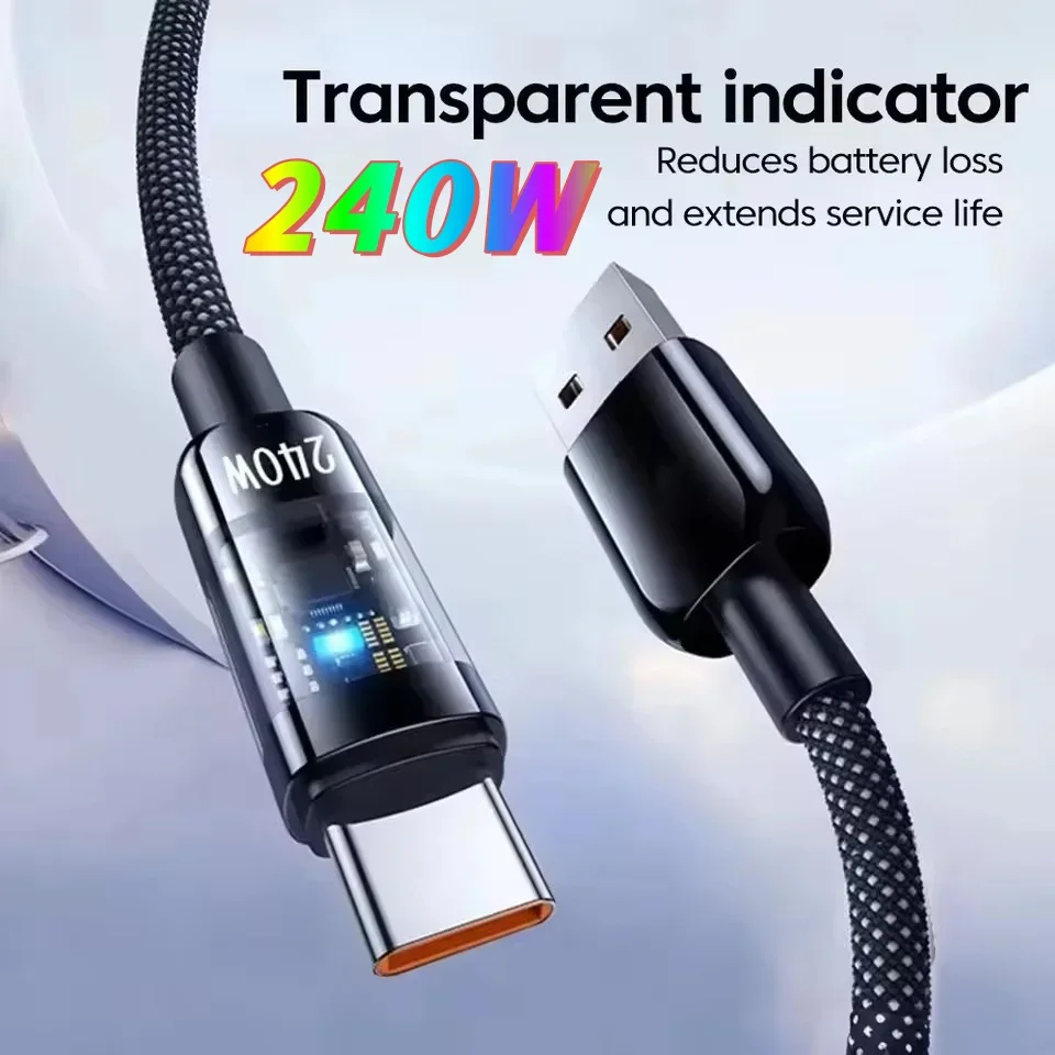 240W 10A Cable USB to Type C Super Fast Charging Cable QC3.0 LED Charger Cable Phone Charger Data Cord For Samsung Xiaomi Huawei
