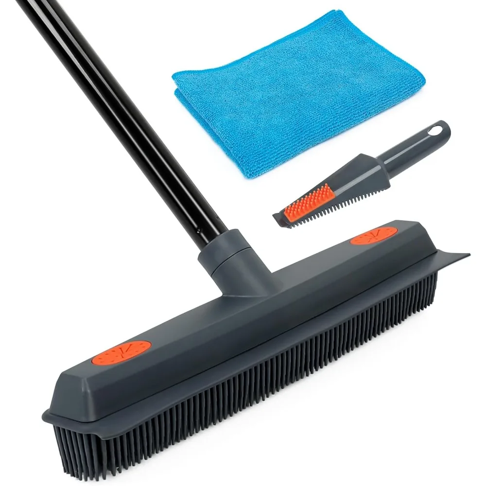 

Pet Hair Removal Rubber Broom with Squeegee for Carpet & Hardwood Floor, Dog Cat Fur Remover Cleaner