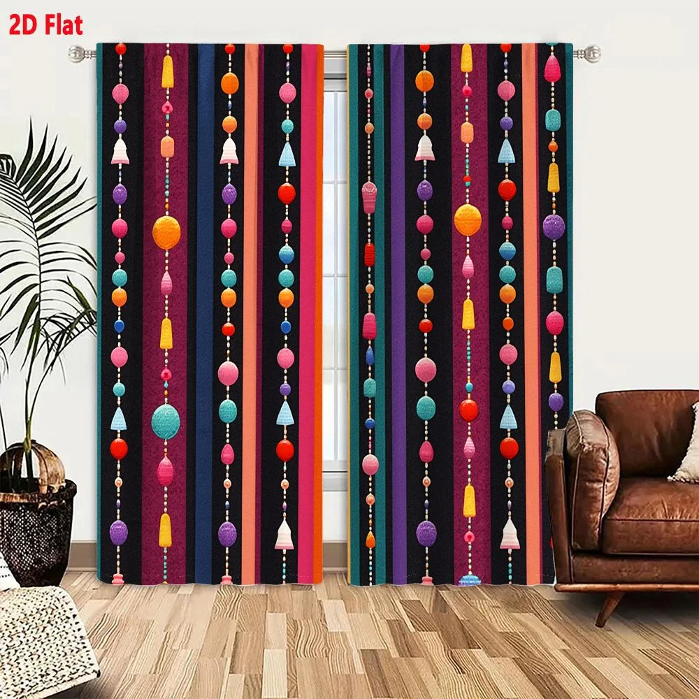 2Pcs Curtains 2D Flat Vibrant Vertical Pattern With Colorful Geometric Beads And Tassels On Striped Background Window Drapes for