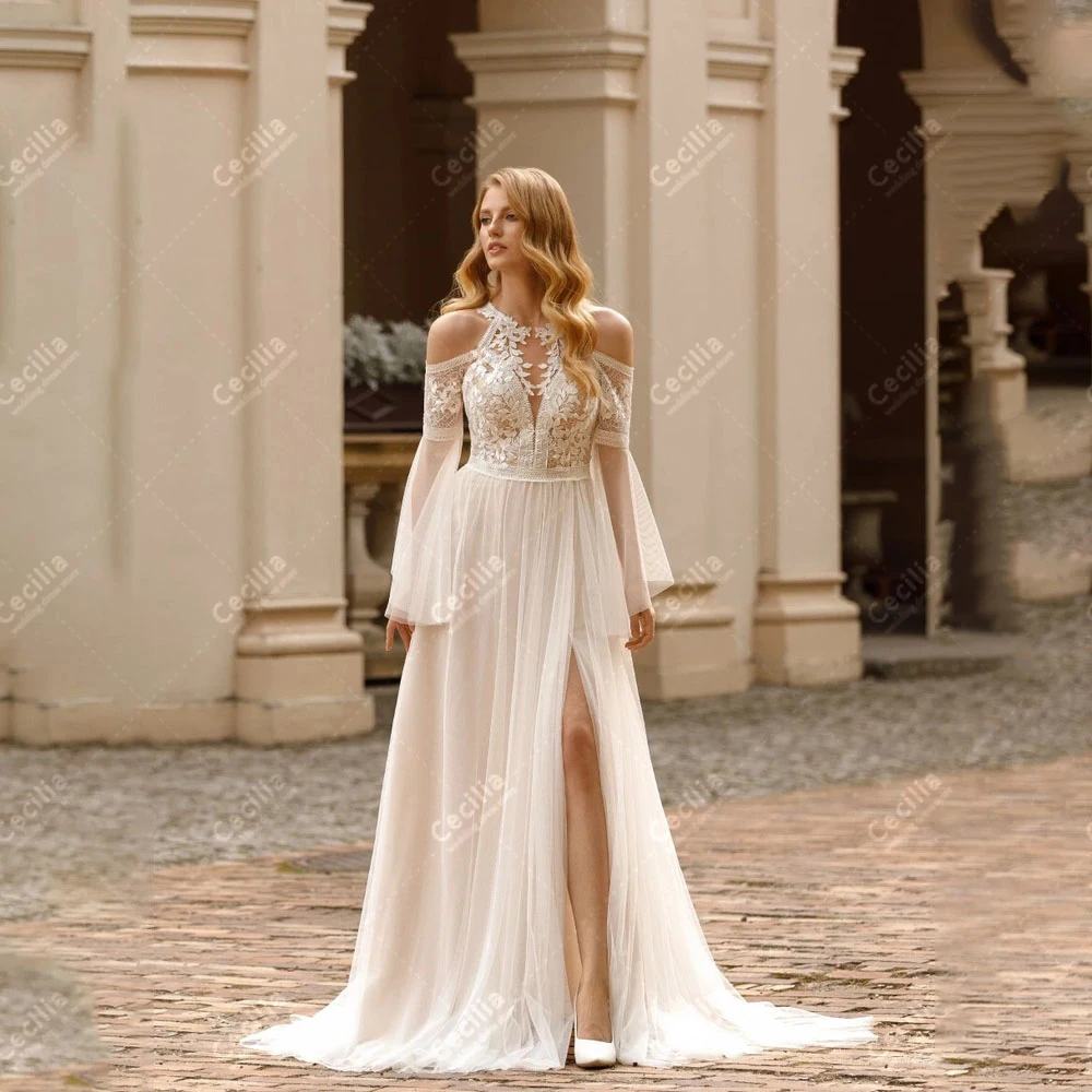 Prachtige Trouwjurken Prachtige Bruidsjurken Kanten Appliques Flare Mouwen Gewaden Voor Formele Feest Elegante Vestidos De Novia