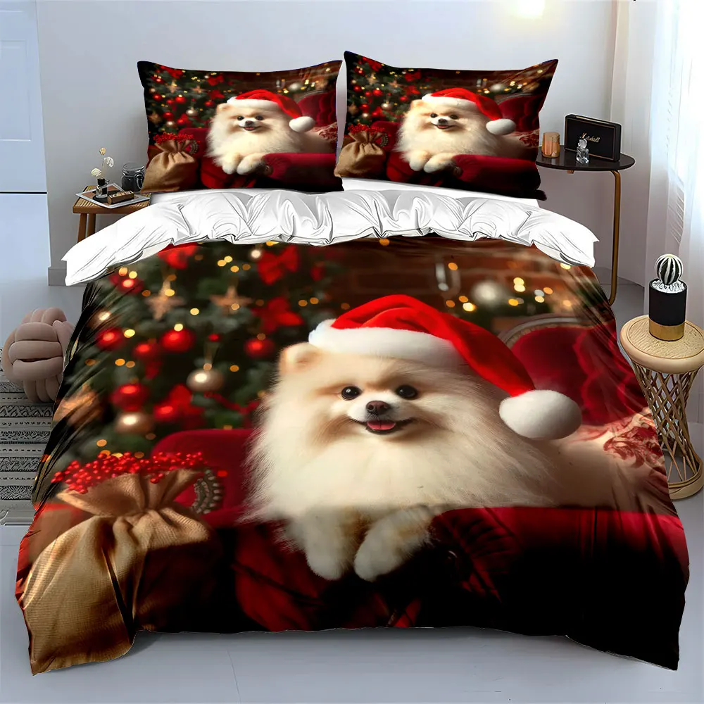 A cute Pomeranian in Christmas attire on a red sofa Print Duvet Cover Bedding Set Included 1*Duvet Cover 2*Pillowcases