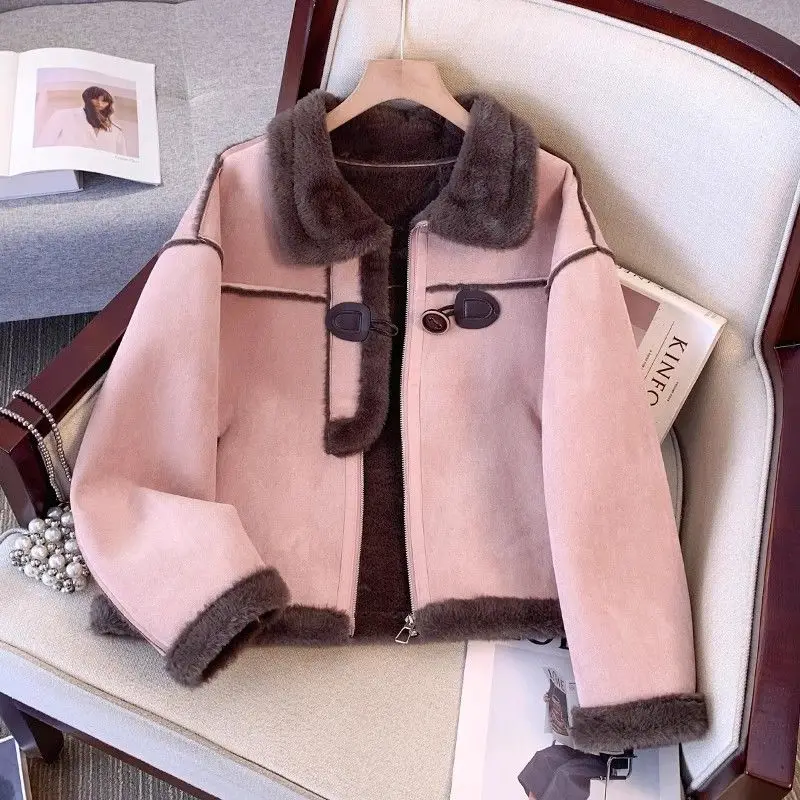 

2024 Winter Fall Women Thick Warm Fur Patchwork Suede Jacket Coat , Woman Autumn Clothes Beige Jackets Coats