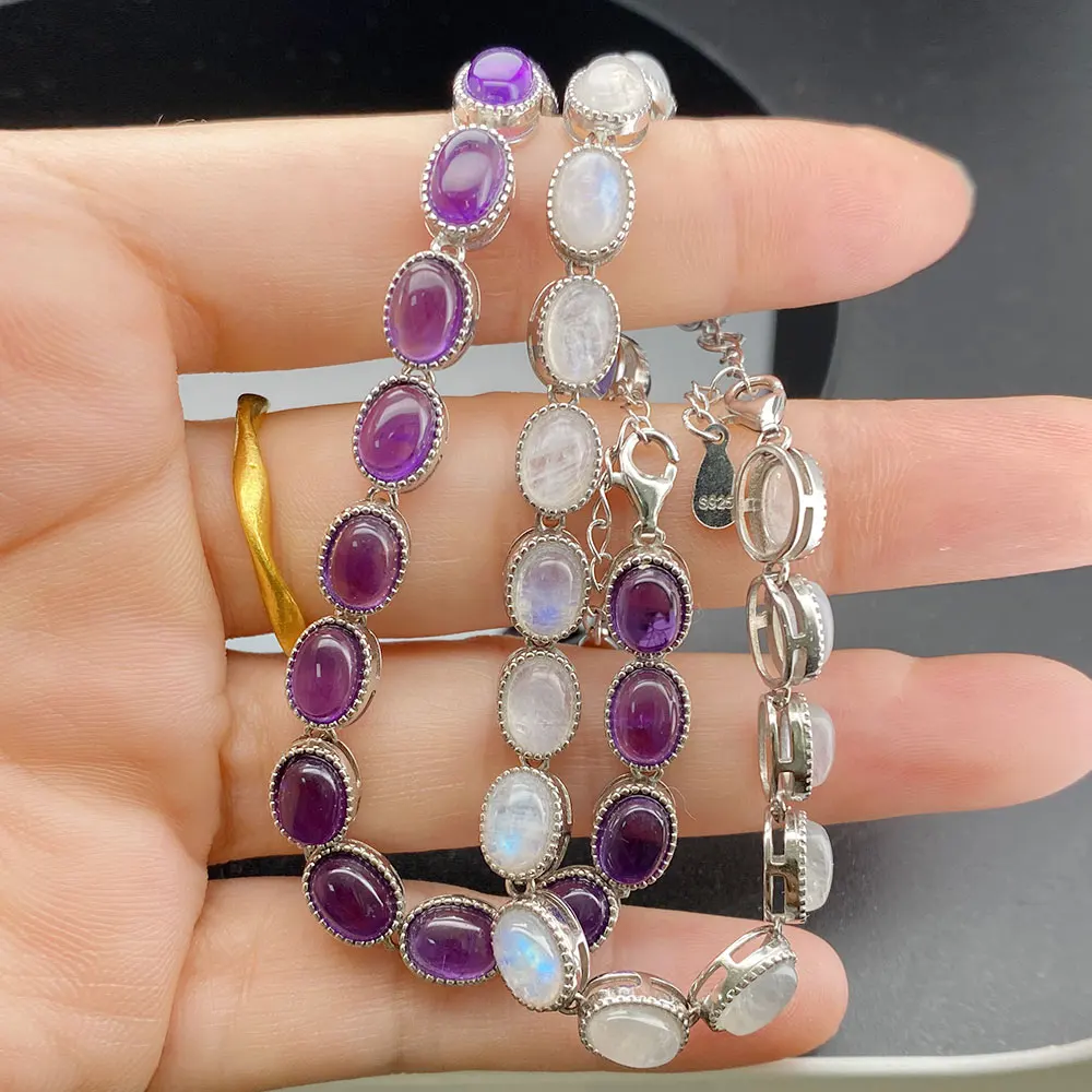 17 natural amethyst/moonstone/garnet 925 sterling silver women's bracelet with adjustable chain design jewelry birthday gift