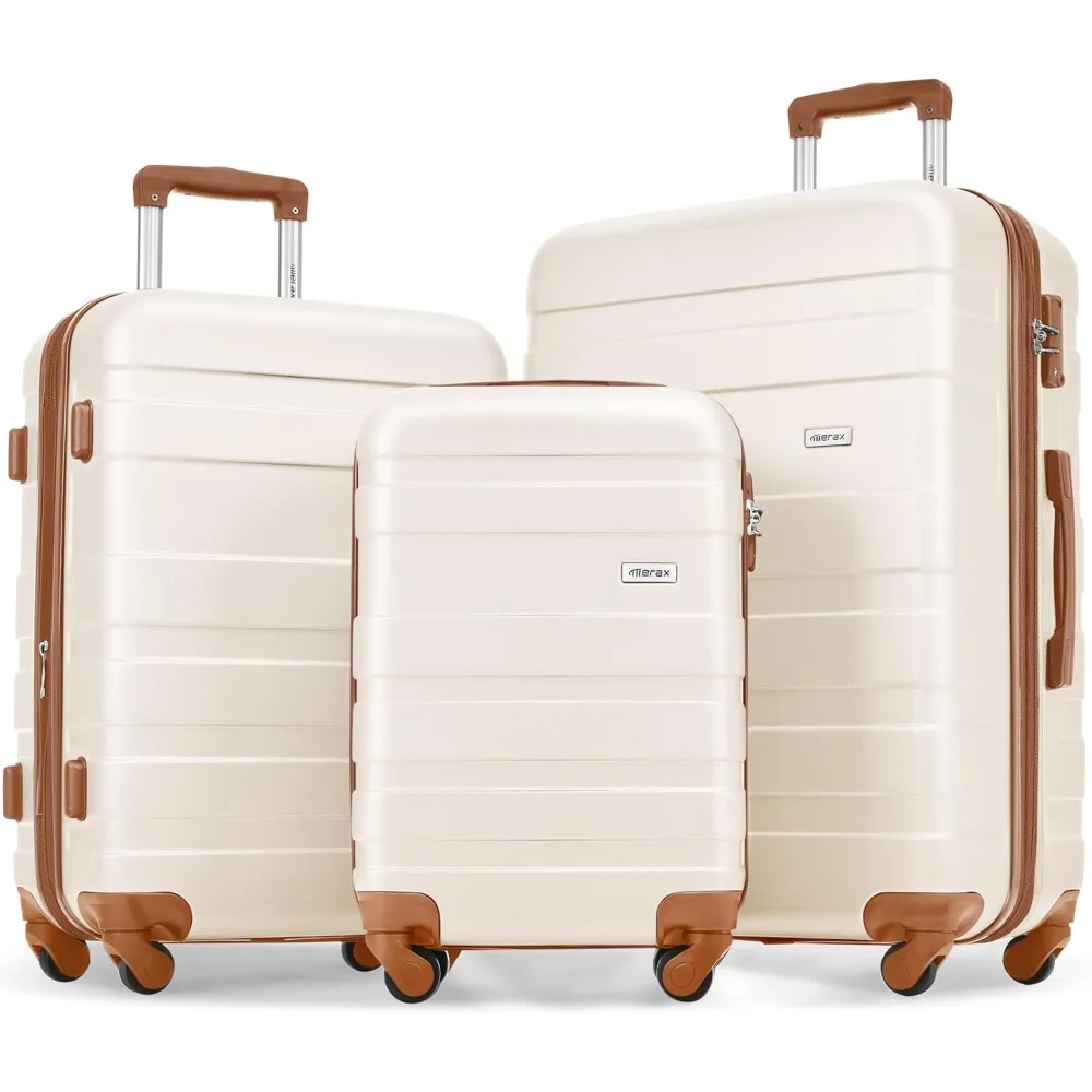 

Merax 3 Pcs ABS Hardside Luggage Set Spinner Wheel Suitcase TSA Lock, Brown/Ivory, 20/24/28 Inch