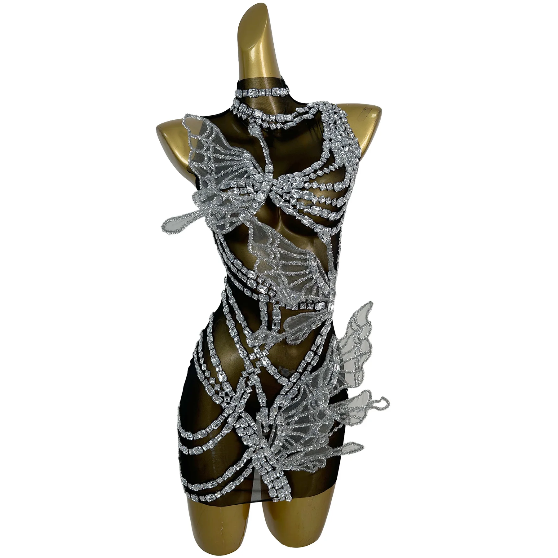 

Chengshuang Black Mesh Silver Rhinestone Butterfly Mini Dress with Choker Neck for Evening Parties and Drag Queen Performances