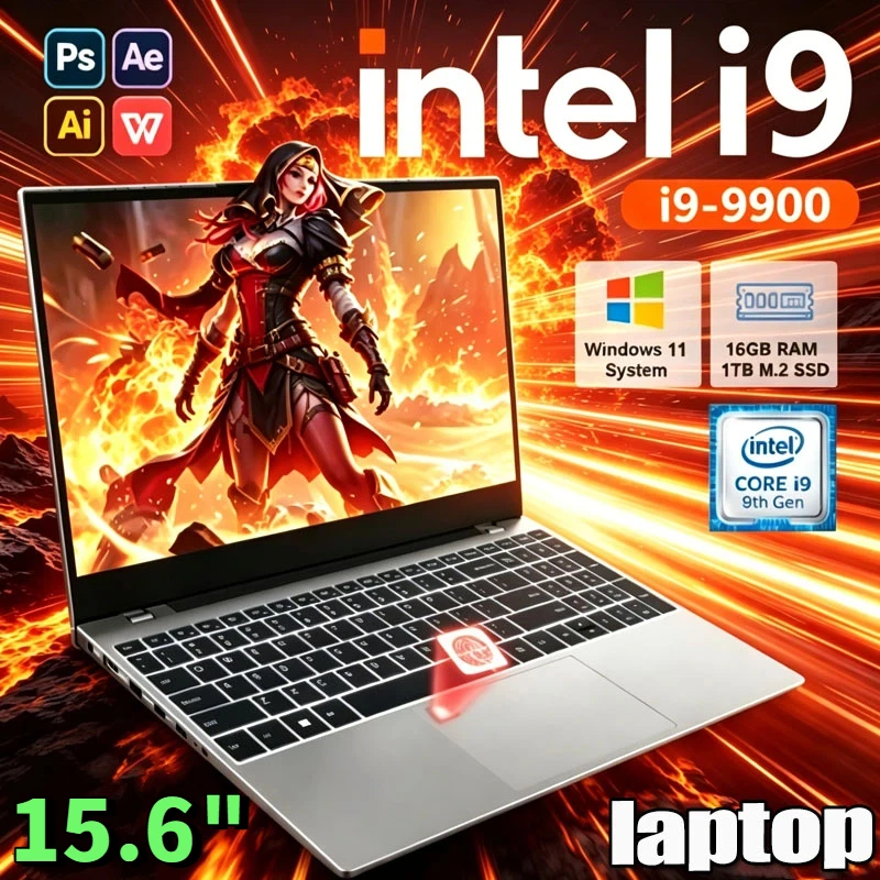 새로운 15.6인치 울트라 슬림 노트북 인텔 코어 I9-9900 32GB RAM 2TB SSD 게이밍 오피스 스터디 노트북 윈도우 11 프로 FHD 1920*1080