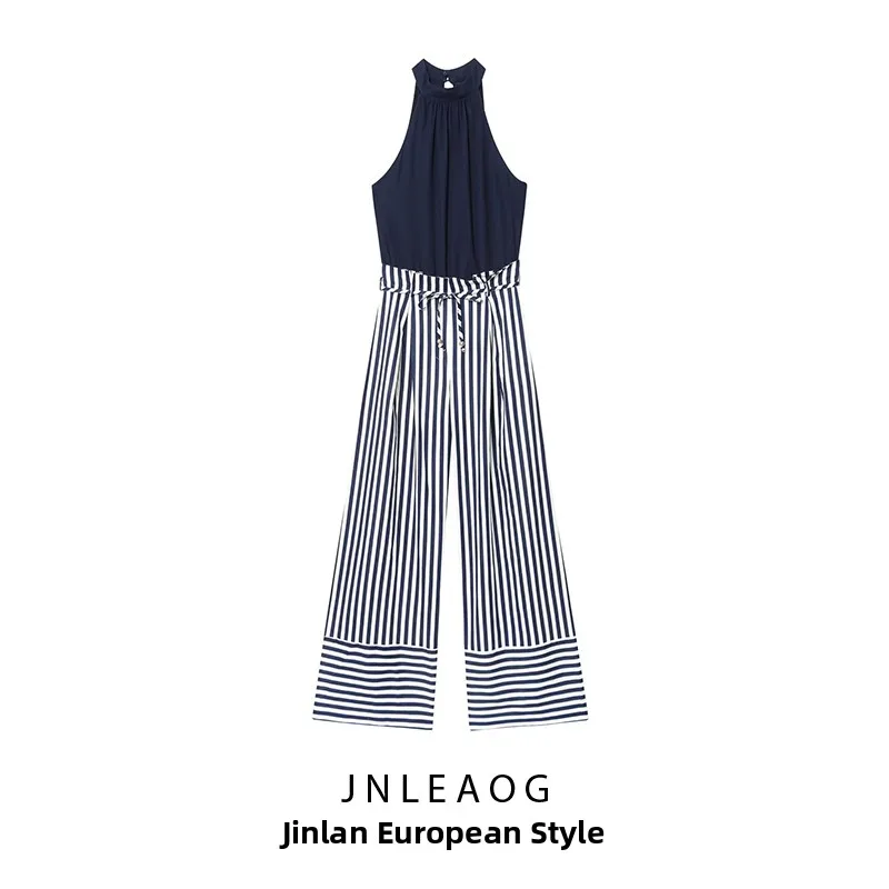 

JNLEAOG Autumn New Women's Long Mixed Fabric Jumpsuit Design Commute High Waist Wide Leg Pants Polyester Fiber Ladies Suit