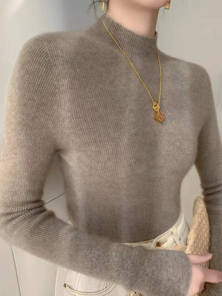 Autumn Winter Mock‑Neck Soft Cashmere‑Blend Knit Women Pullover Slim Chic Gentle Layering Slimming Long‑Sleeve Sweater Base Tops