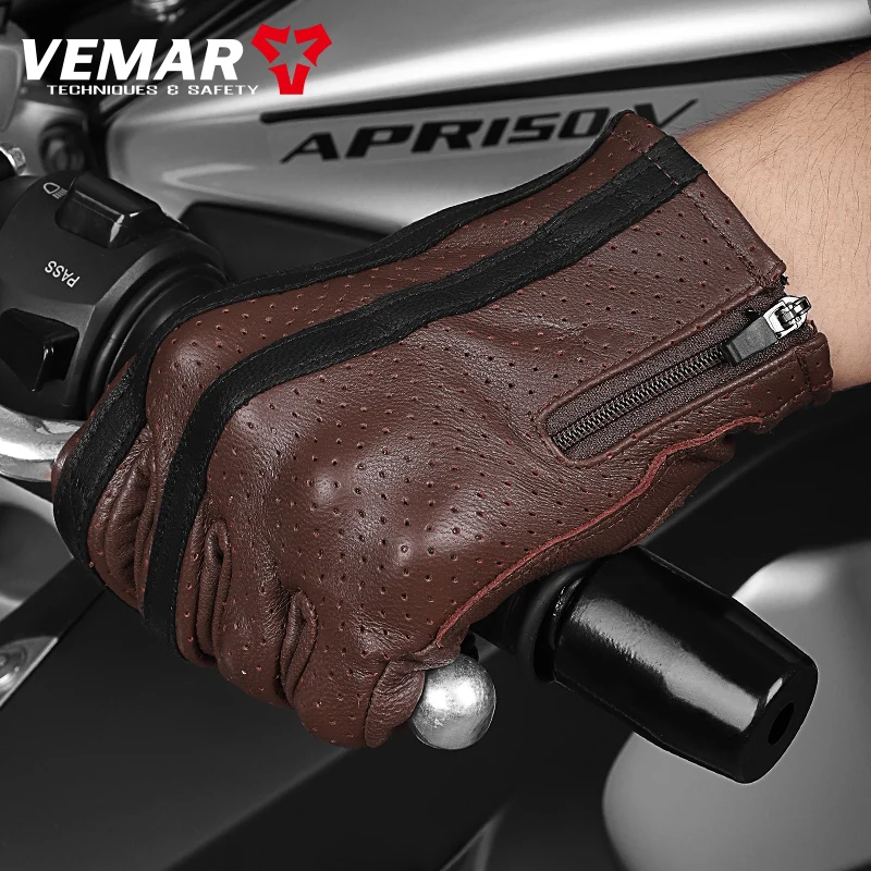 Vemar Summer Breathable Touchscreen Men\'s Gloves Retro Leather Vintage Riding Guantes Motocross Motorcycle Bike Full Finger Gift