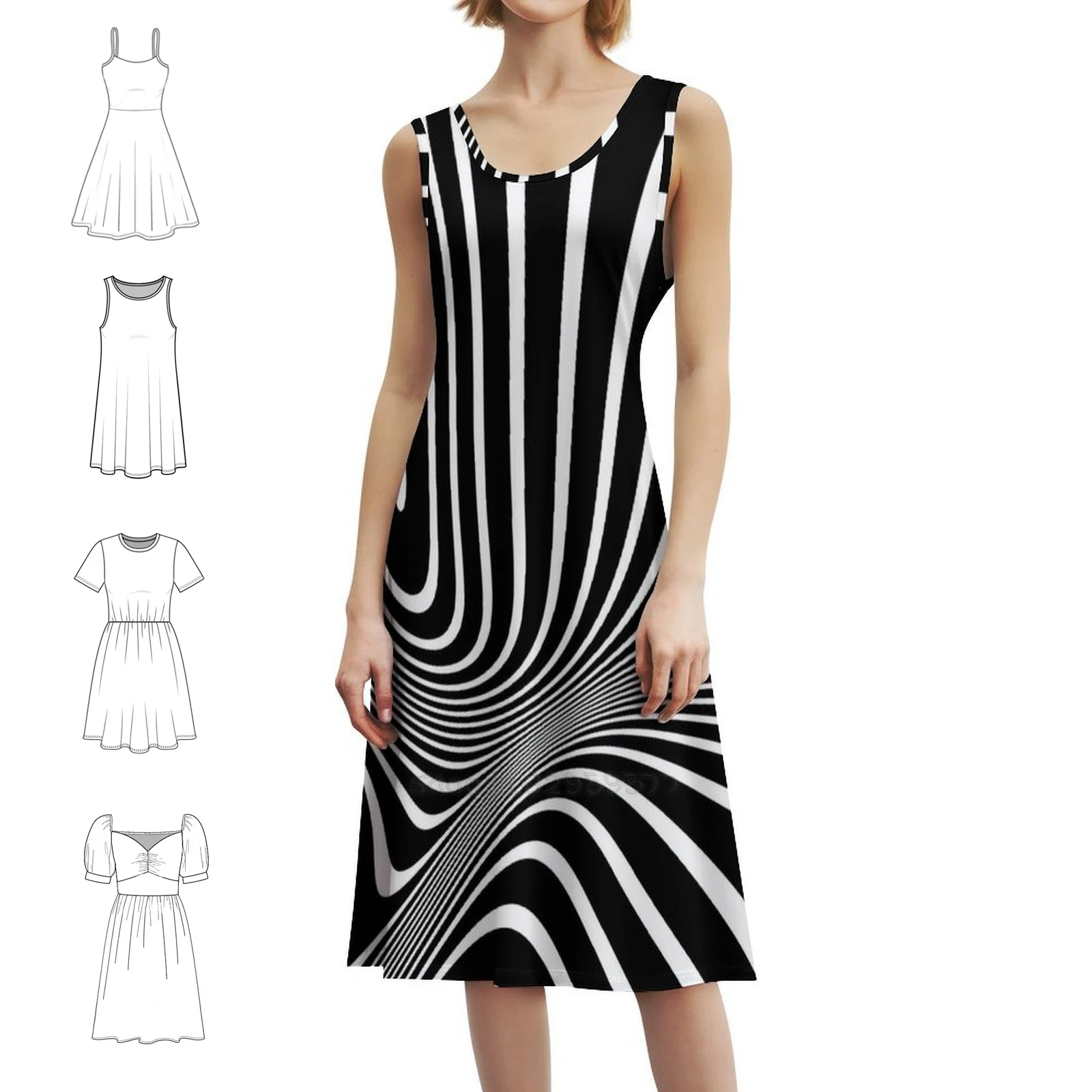 الأشكال والخطوط الرجعية أبيض وأسود الفن البصري نمط Preppy فستان قصير للنساء ألف خط فضفاض صالح فستان يوم غير رسمي Op Art #1