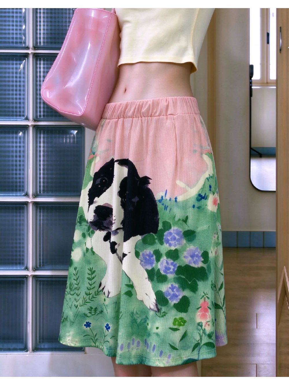 New Summer Cute Animal Printed Medium length Skirt with Dog Flower Elastic Waist A-line Casual Half length Skirt for Vacation