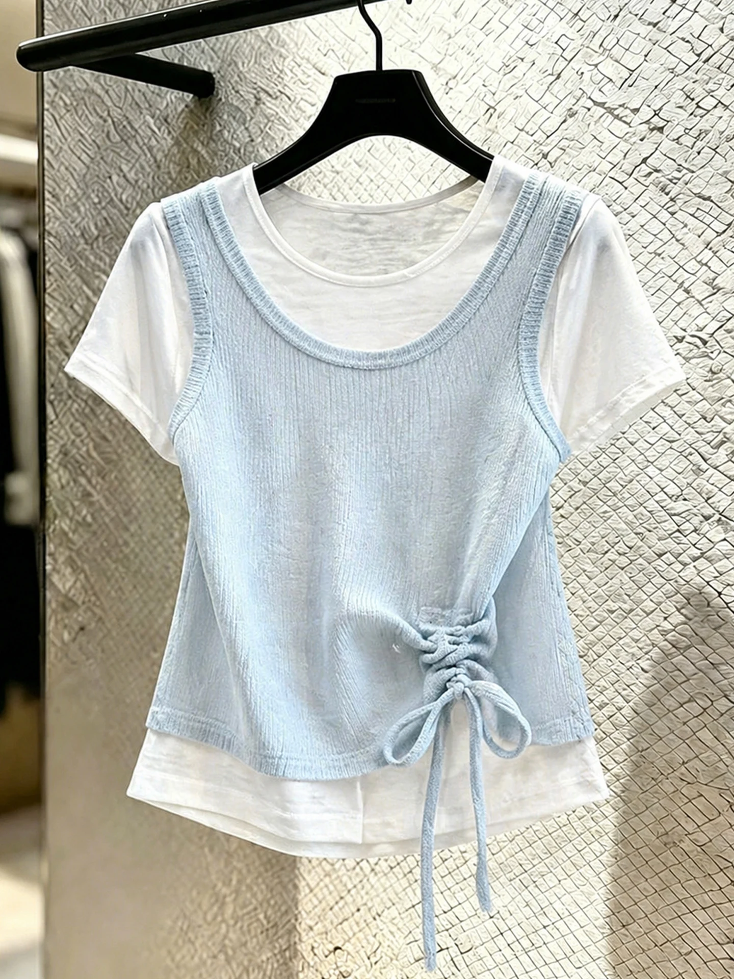 

Korean Style Simple Drawstring Short Sleeve Mock Two-Piece round Neck Color Block Women's Top Fashionable Summer Casual Shirt