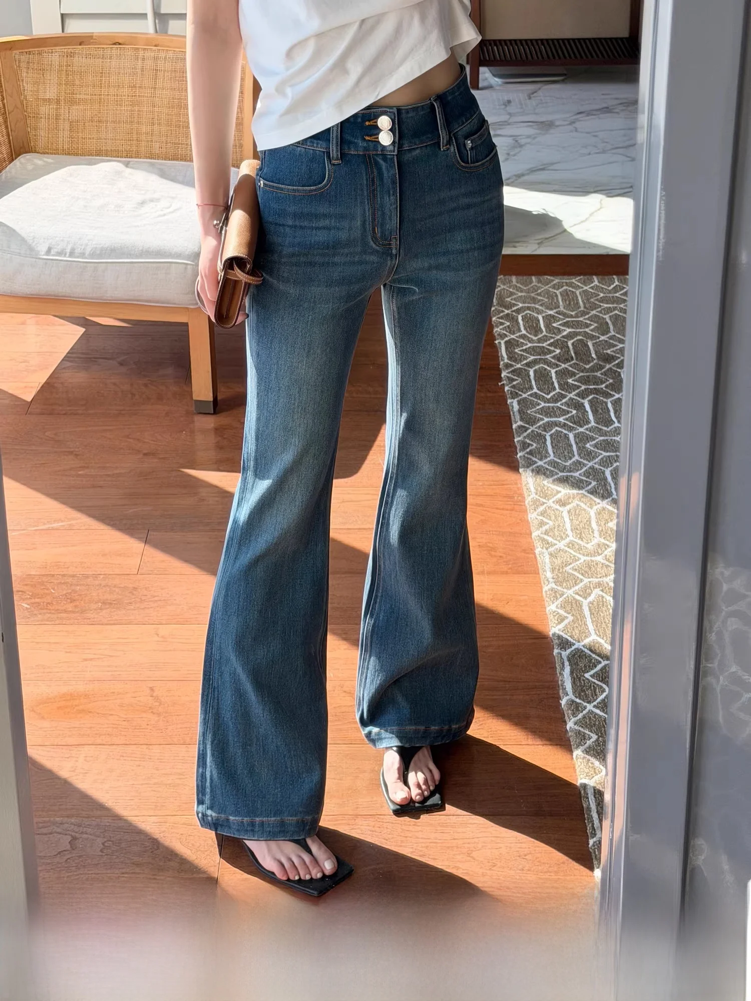 

Джинсы Yang Xiaoyao с мультяшным принтом, женские, с высокой талией, из хлопка, эластичные, премиум-качества, с четырехсторонним стрейчем, микро-клеш, длинные брюки