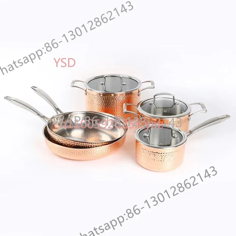 Set di 7 pentole e pentole martellate in rame e acciaio inossidabile a tre strati