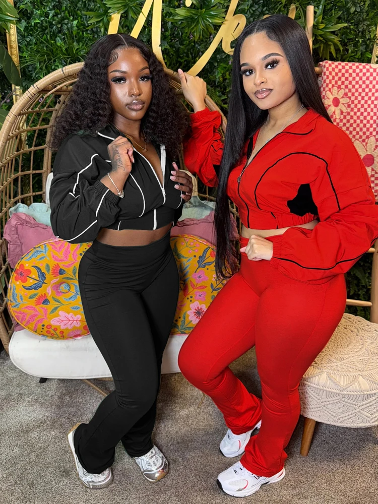 2025 trendige Damen-Kleidung, kontrastfarbener Trainingsanzug, Reißverschluss, bauchfreie Jacke und Schlaghose mit hoher Taille, Anzug, Sport, Fitnessstudio, 2-teiliges Set