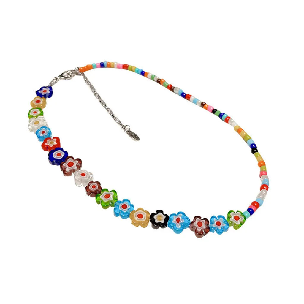 1PCS Colorful Glass Flower Necklace Beaded Neck Chain Unique Design Versatile Flower Collar Chain Free Shipping