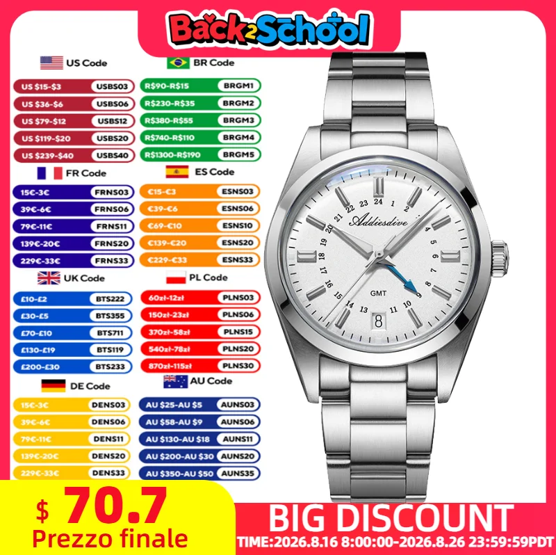 ADDIESDIVE Herrenuhr 515-24H GMT, 100 m wasserdicht, Quarz-Armbanduhr, gewölbtes Blasenglas, superleuchtende Edelstahluhren