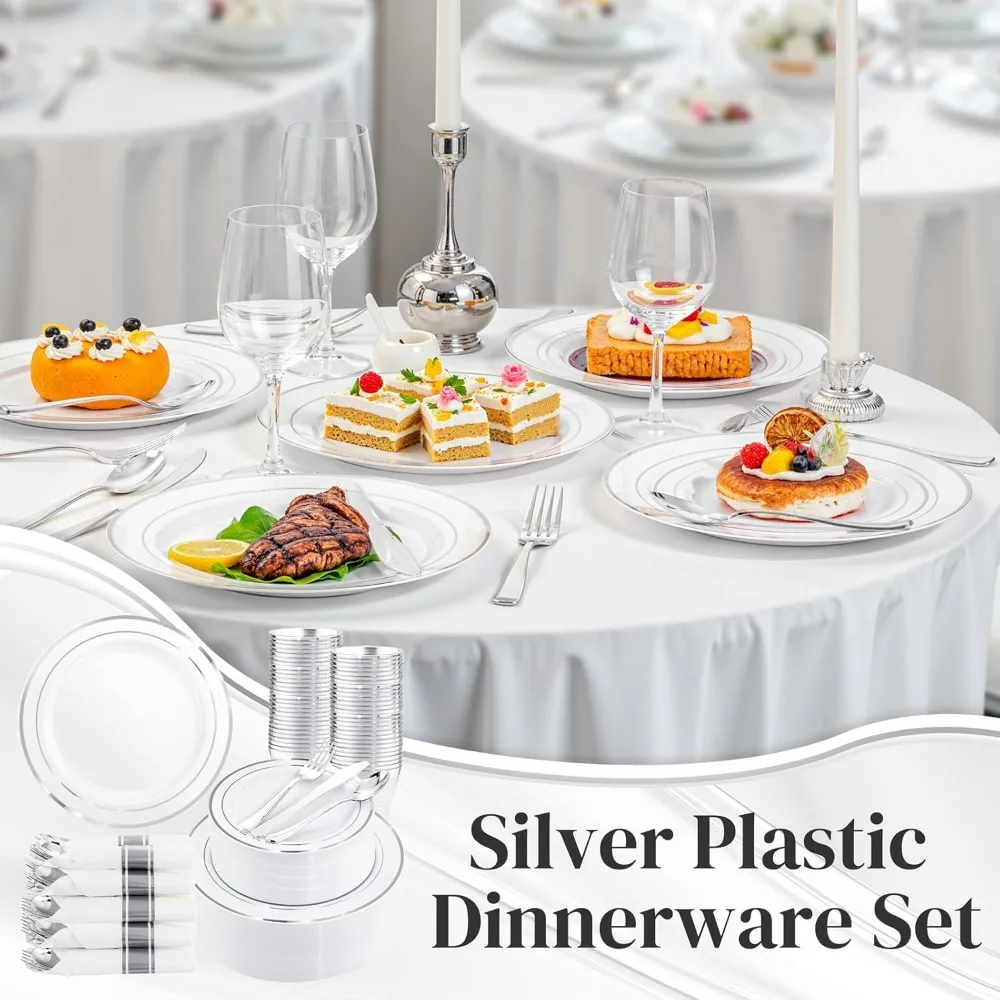 Silver Plastic Dinnerware Set for 50 People: 50 Dinner Plates and 50 Dessert Plates with Cutlery