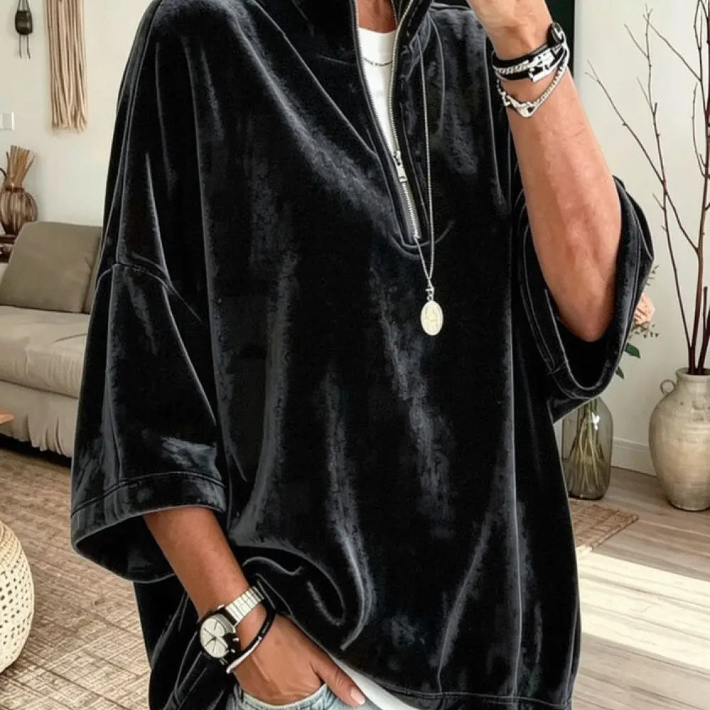 Loose Fit Women Half Zipper Sweatshirt Solid Color Pullover Elegant Commuter Style Soft Texture Three Quarter Sleeve Blouse