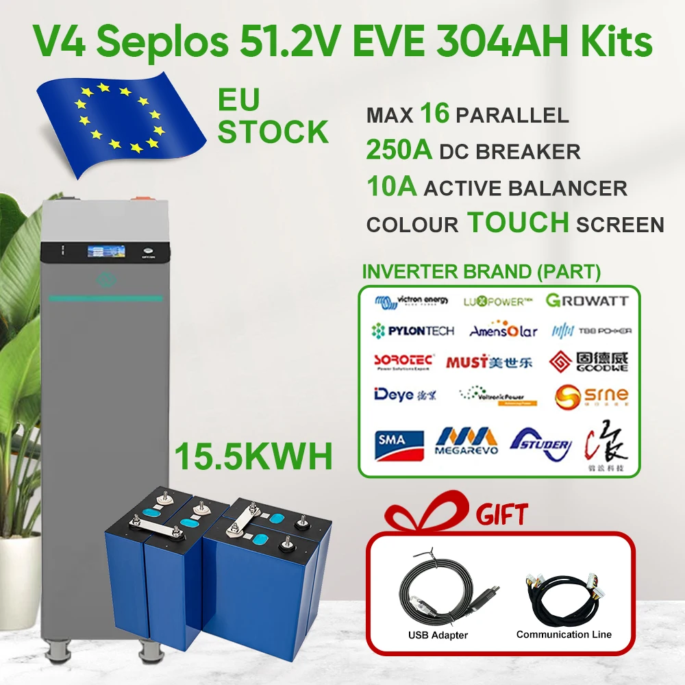 Poland Stock V4 Seplos15.5KWH  Lifepo4 Battery Kits EVE304 Grade A+ Battery With 10A Active Balancer Home Solar CAN RS485