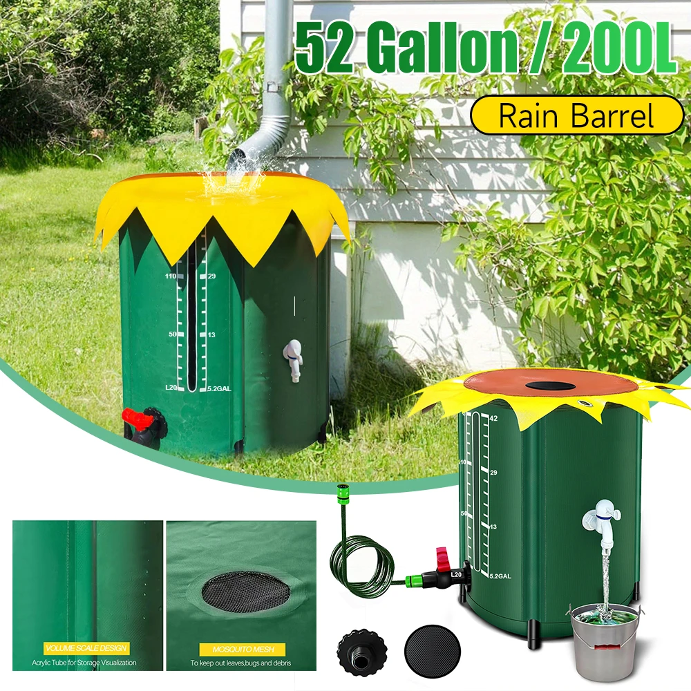 

Складной 52-галлонный коллектор дождевой воды с тремя кранами, ПВХ-рамка, объемная шкала, дождевая бочка для экономии воды во дворе, принадлежности