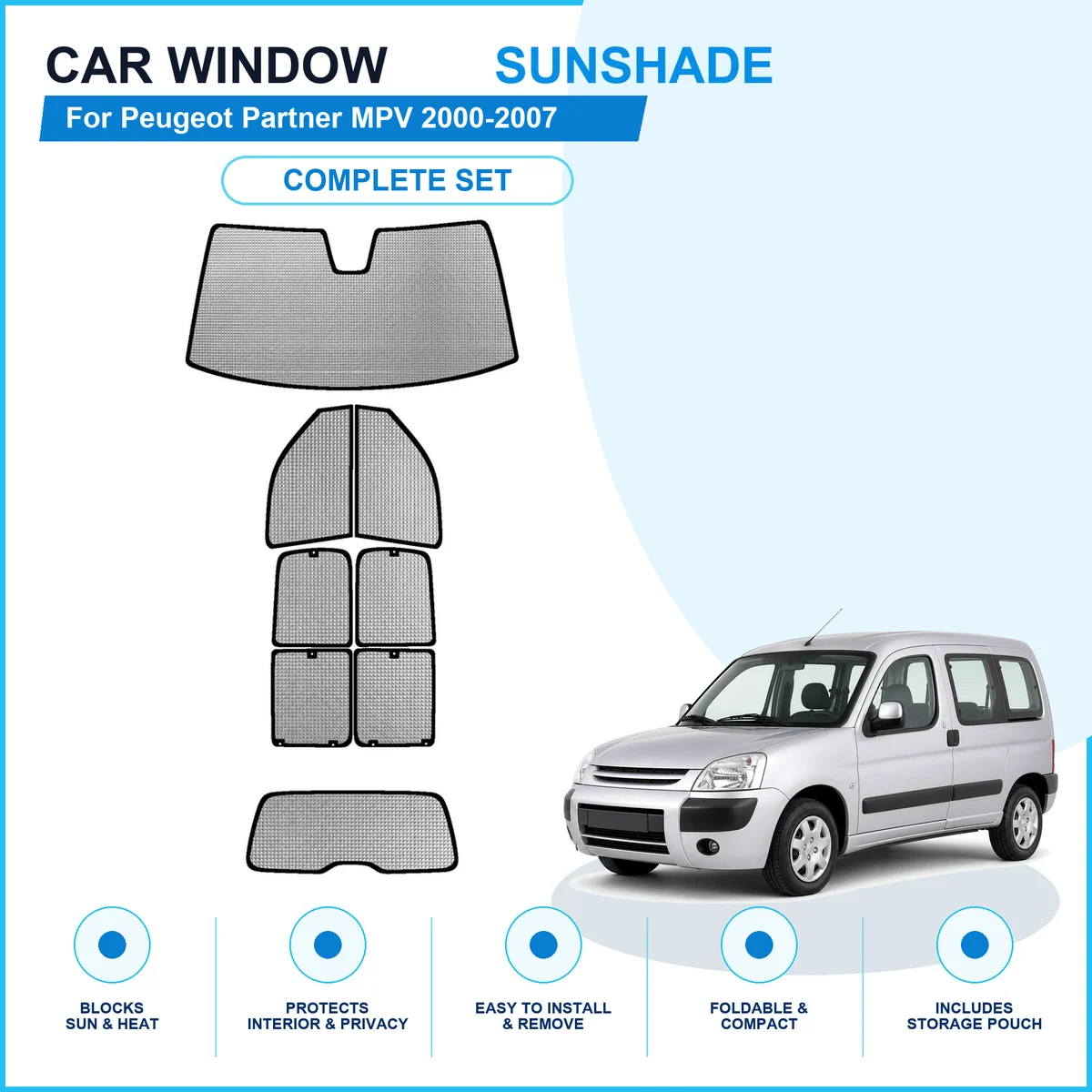 For Peugeot Partner MPV 2000-2007 Custom Full Set Window Sunshades Aluminum Foil Suction Cup Anti UV Privacy