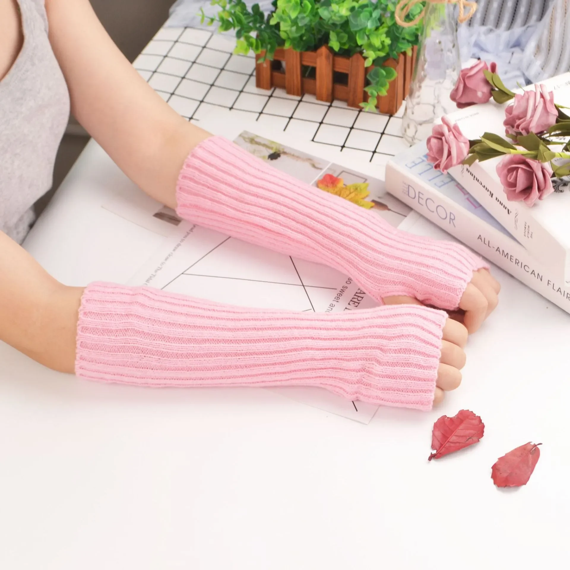 Women Long Fingerless Gloves Knitted Mittens Winter Arm Warmer Punk Gothic DIY Knitting Glove Y2K Girls Solid Gloves Arm Sleeves