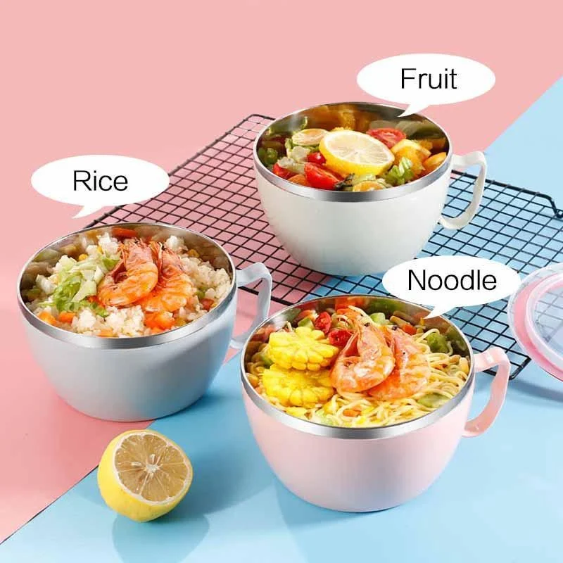 900/1200ml 304 Stainless Steel Noodle Bowl with Cover Portable Double Insulated Anti-scald Lunch Bowl Leak-Proof Food Container