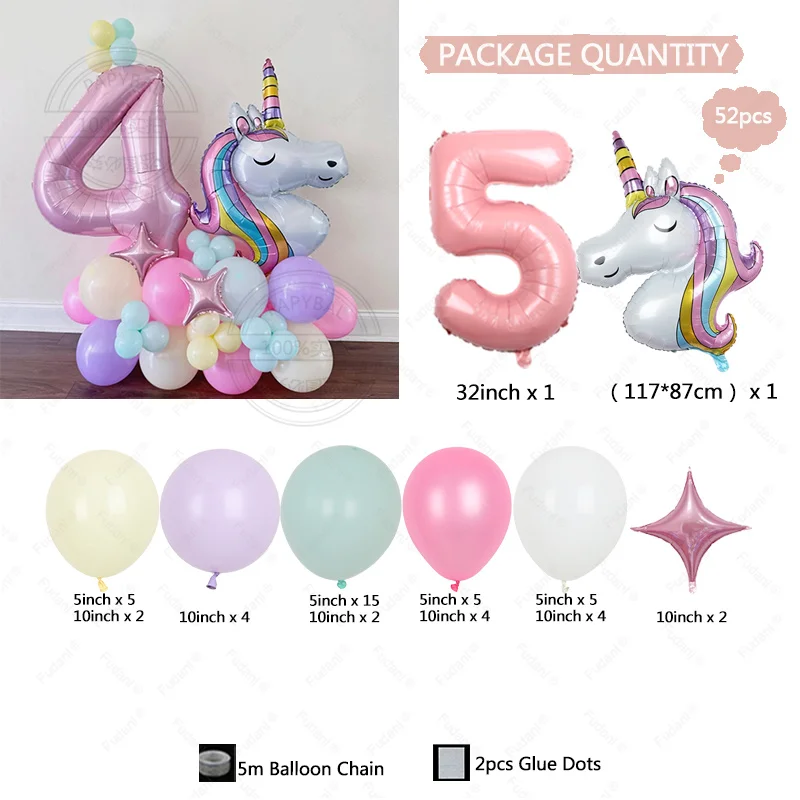 52szt Rainbow Unicorn Theme Balloon Column 32inch Pink Number 1-9th Girl Birthday Party Favors Baby Shower Decorative Balloons