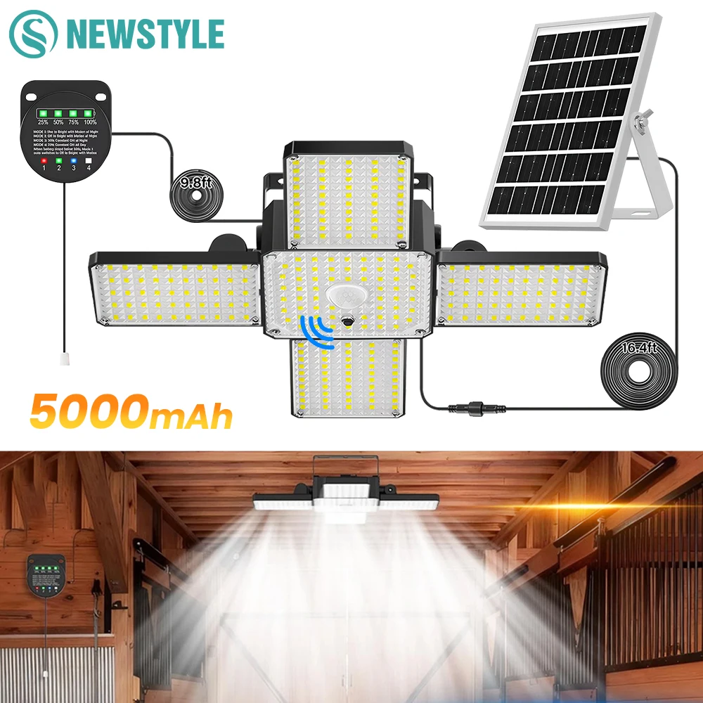 Solar Shed Light Outdoor IP65 Waterproof Motion Sensor 4 Modes 5000mAh Solar Security Light 5-Head Pendant Light for Garage Barn