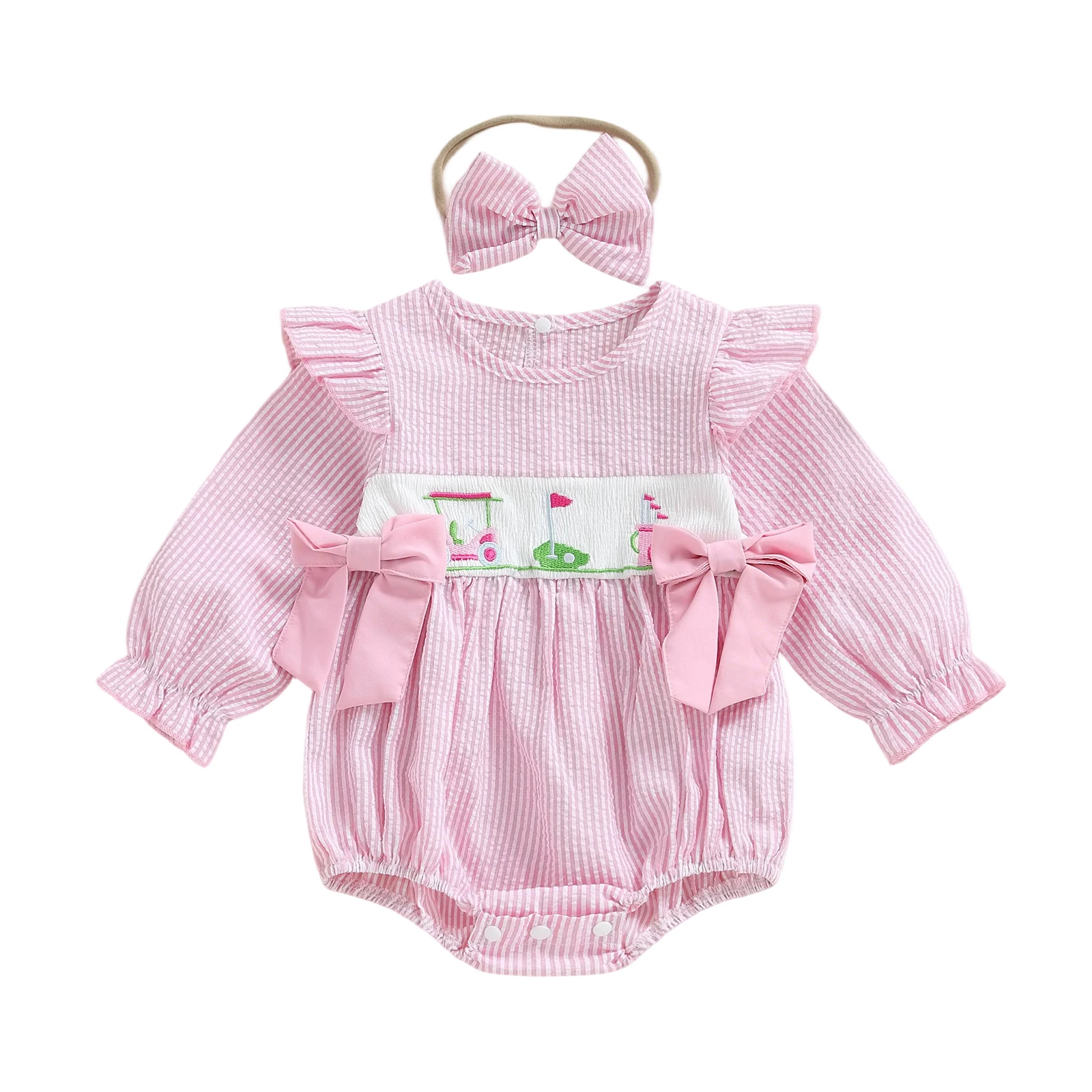 

Adorable Baby Girl Set Stylish Long Sleeve Striped Romper with Cute Embroidery Detail and Matching Headband for Autumn Wardrobe