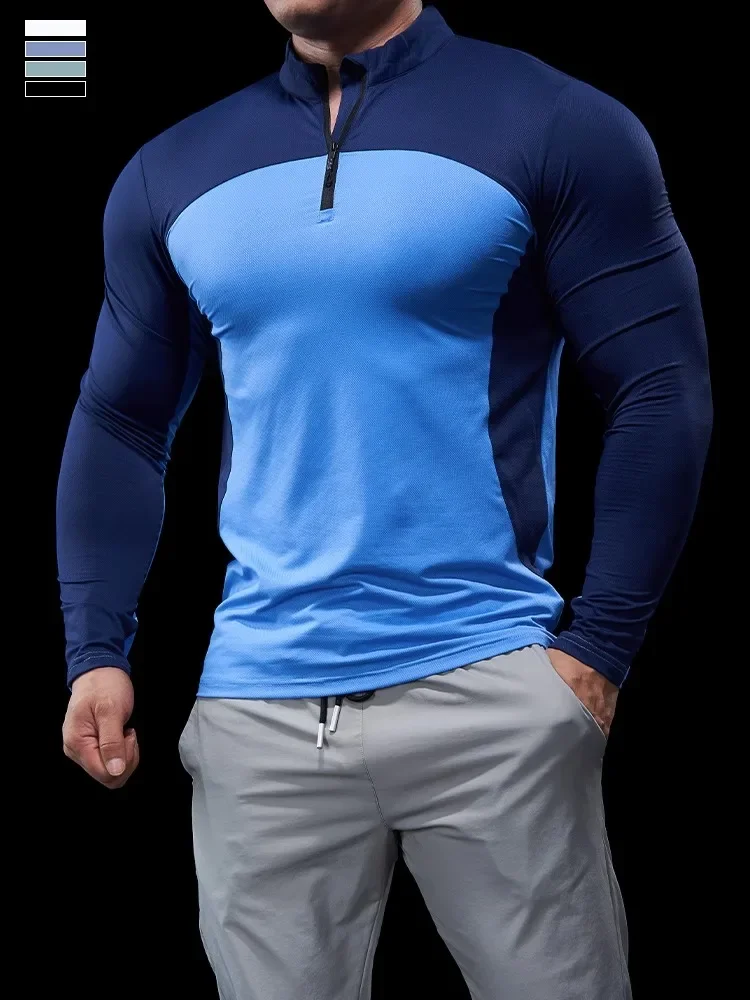 Men Spring Autumn Long-sleeved Tights Fitness Clothes POLO Shirt Half-zip Quick-drying Elastic Sports Thin Running Gym Top