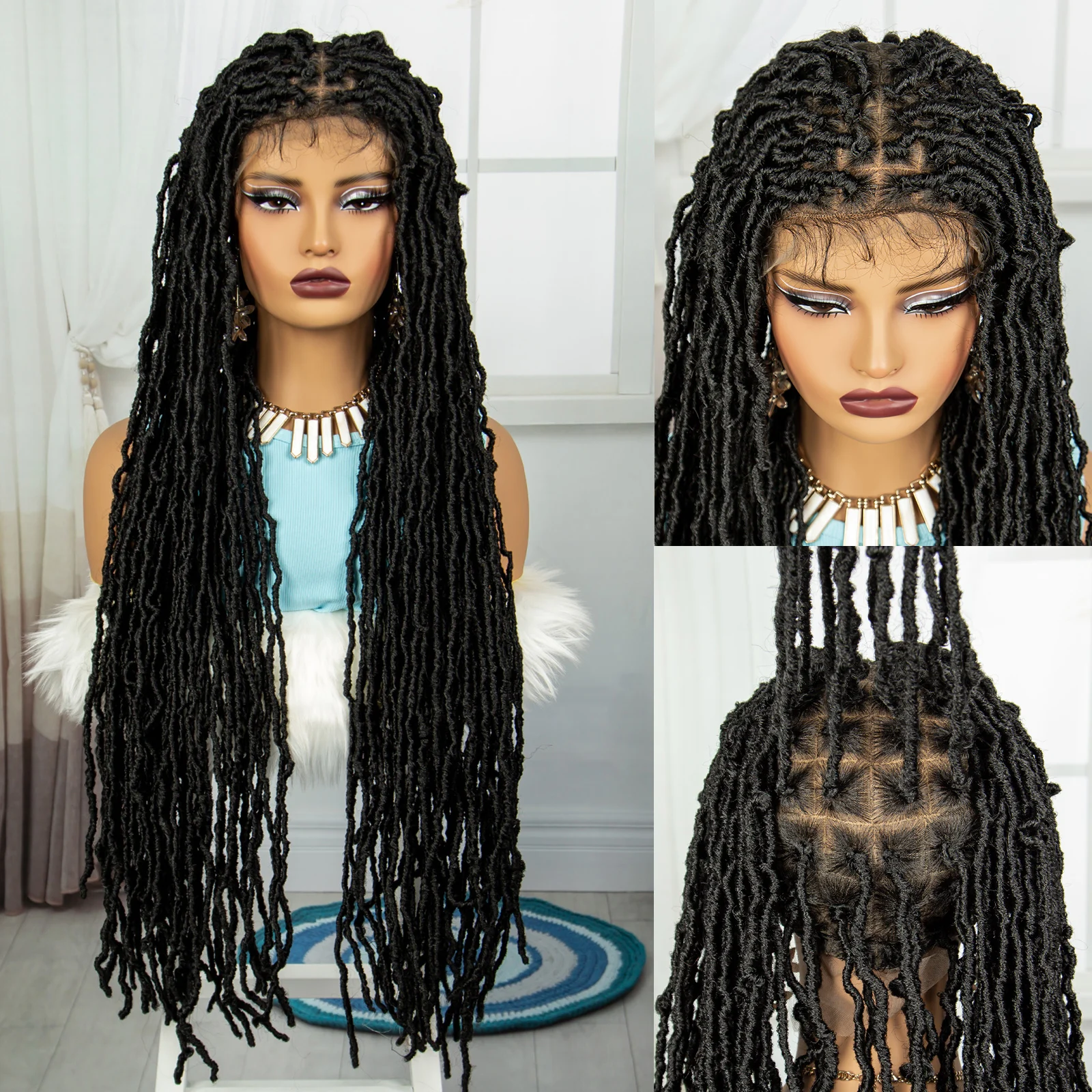 Faux Locs Braided Wigs 36 นิ้วลูกไม้เต็มรูปแบบ Curly โครเชต์ Braids วิกผมสําหรับผู้หญิงสีดํานุ่ม Knotless สังเคราะห์ลูกไม้ด้านหน้า Twist วิกผม