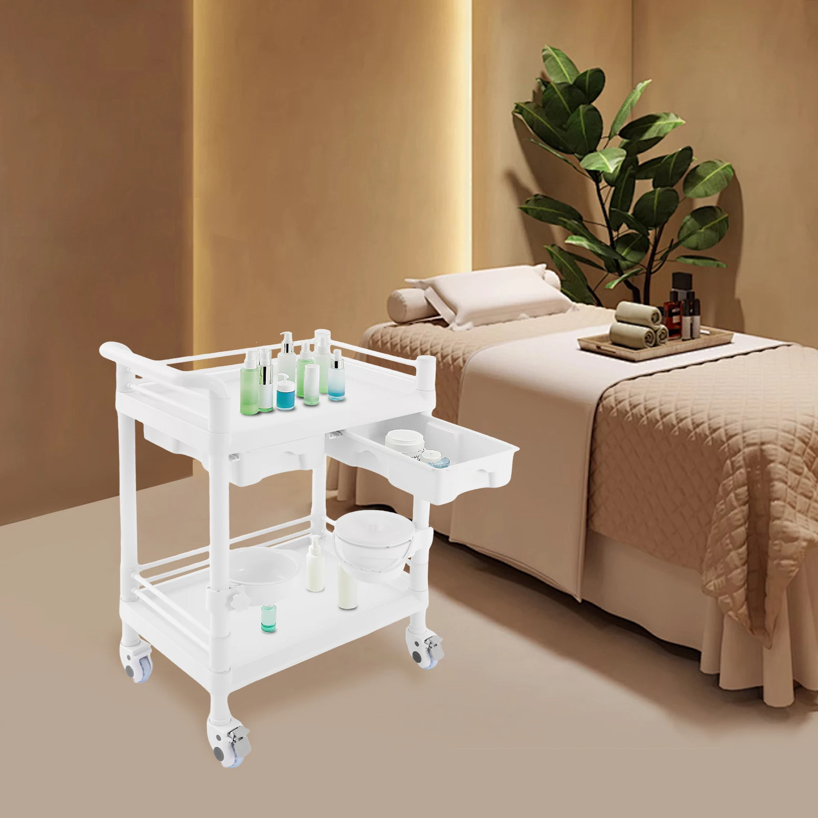 

White ABS 2 Tier Mobile Trolley Cart with 2 Drawers 4 Wheels for Medical Beauty Lab Storage and Organization