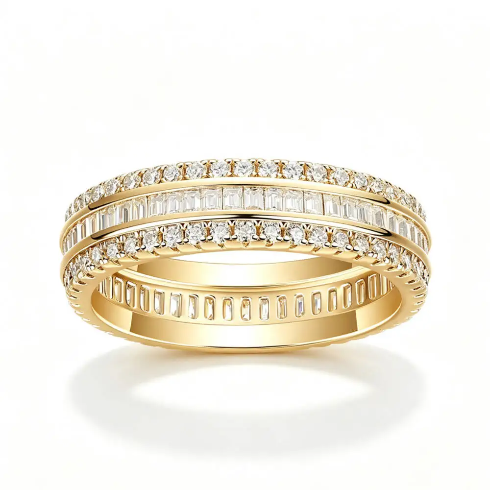 

925 Sterling Silver Triple Row Eternity Band Moissanite Ring D VVS1 Multi Tone Stackable Wedding Fine Jewelry For Women