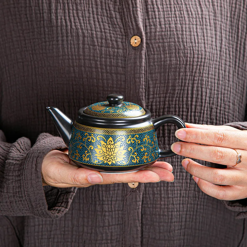 Vintage Ding Kiln Black Glazed Ceramic Teapot Personal Tea Pot Set with Gold Painting Kung Fu Tea Set