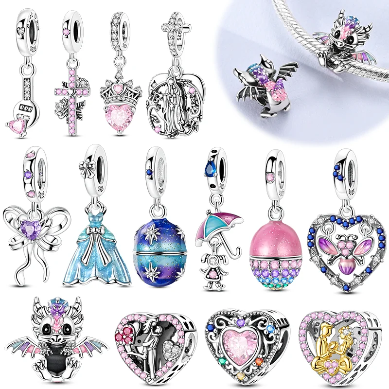 

925 Sterling Silver Cute Fire Dragon Beads Colorful Heart Lover Family Charms Dangle Fit Bracelet DIY Jewelry Making Gifts