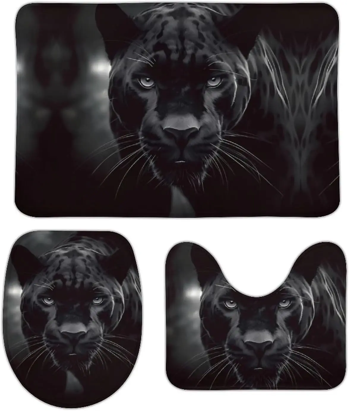 3 Piece Bath Rug Set Non Slip Absorbent Bath Mat Contour Mat with Toilet Lid Cover Animal Panther Soft Floor Mats for Bathroom