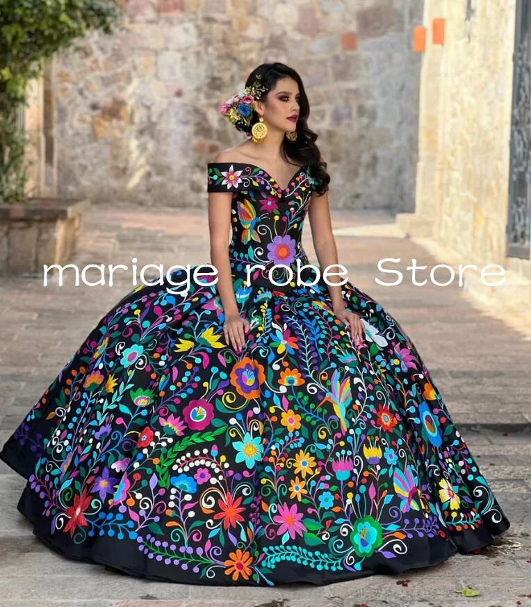 Vestido de quinceañera con hombros descubiertos, dulce, Princesa, Tulum, lujo, celebración, treintapiñera, mexiao Charro, negro, 16