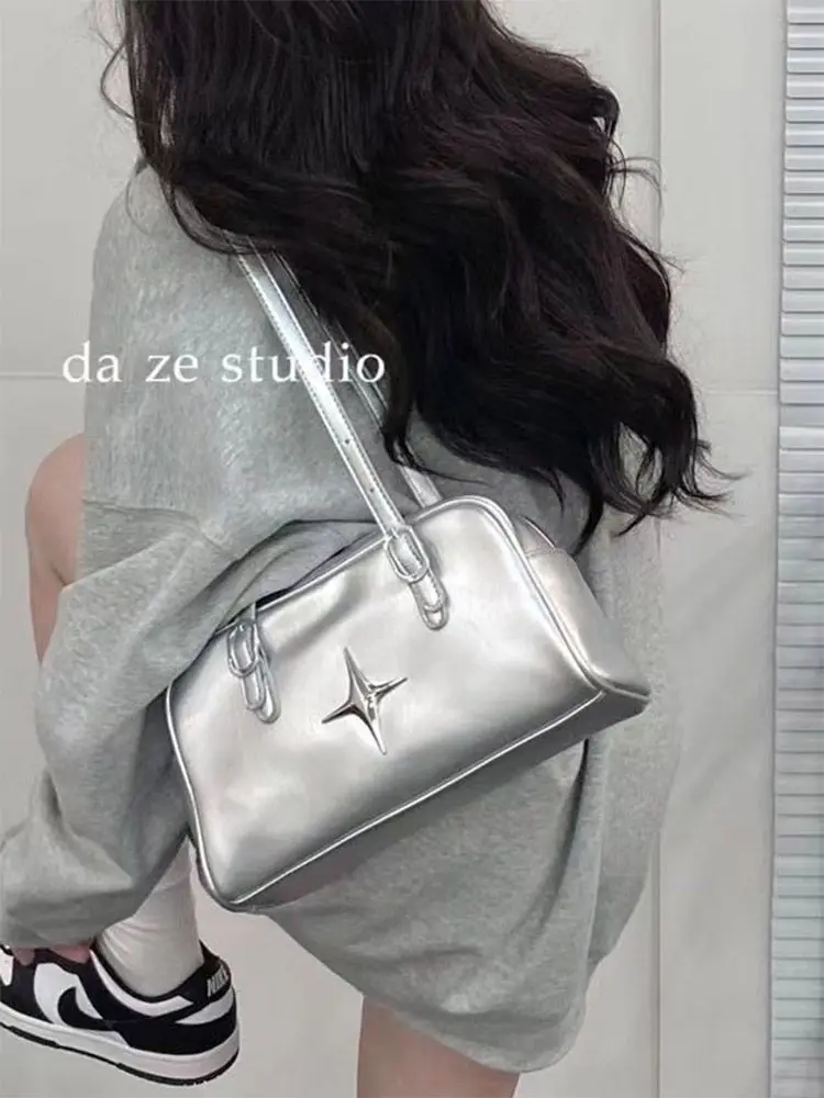 JIAERDI Retro Silver Shoulder Bags Women High Street Hot Girls Pu Leather Casual Handbag Female Retro Harajuku Y2k Bag Aesthetic