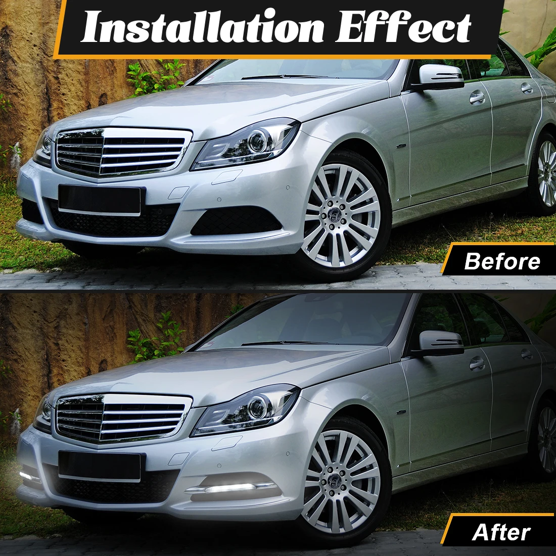 مجموعة مصابيح الضباب لمرسيدس بنز W204 C-Class 2012 2013 2014 المصد الأمامي القيادة ضوء أبيض النهار تشغيل مصباح الضباب 12 فولت