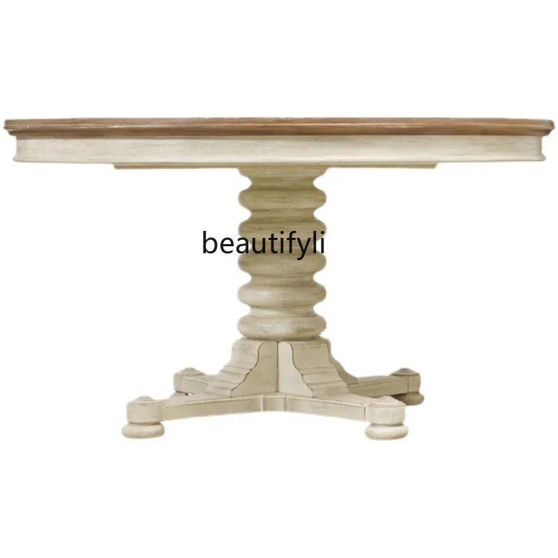 

New style French solid wood retro dining table household retractable American round dining table old oak