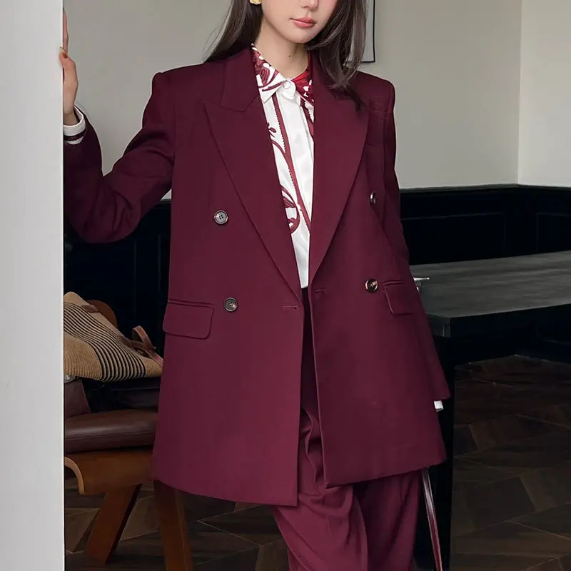 Fashion Women's Red Blazer Jacket Office Double Breasted Lapel Long Sleeve Loose Suits Chic Streetwear High Quality Y2K Clothes