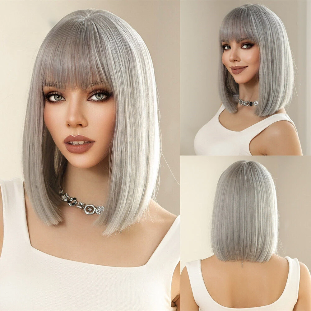 Sliver Bob Straight Shoulder Length with Bangs Synthetic Wigs