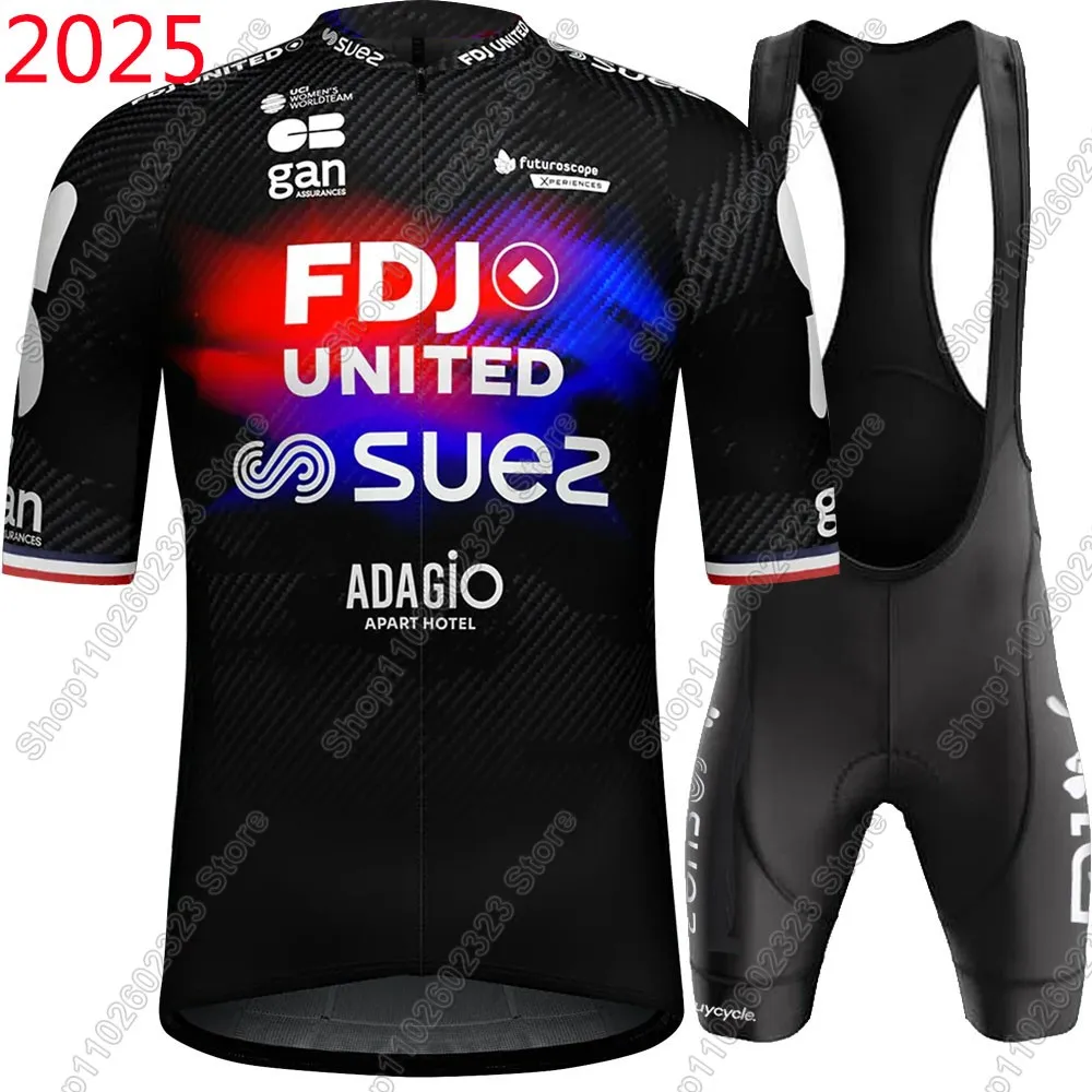 Fdj Suez Team Cycling Jersey 2025 Set Unisex France Bicycle Clothing Road Bike Shirts Suit Bicycle Bib Shorts MTB Ropa Maillot